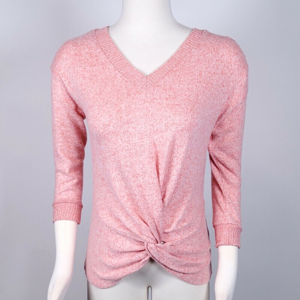 Poof NY Women's V-Neck Twist Front 3/4 Sleeve Sweater In Pastel Pink Size M $44